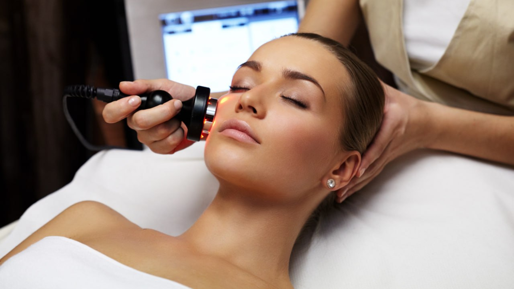 Woman receiving LDM ultrasound Hydra Facial Booster treatment at Yeppeun Skin Clinic, a DHA-licensed Korean-standard skin clinic in Jumeirah 2, Dubai