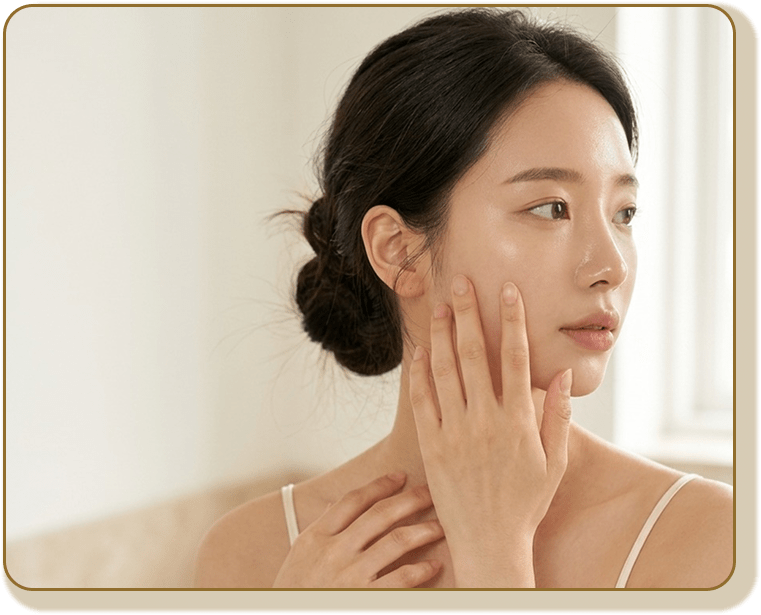 Korean woman with clear glowing skin touching her cheek in a calm clinic setting, showcasing Korean skincare results