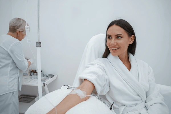 Patient receiving a Multivitamin IV Drip at Yeppeun Skin Clinic, a DHA-licensed clinic in Jumeirah 2, Dubai