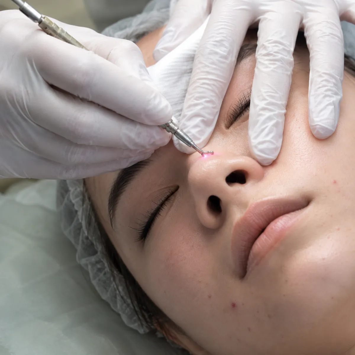 RF acne extraction treatment on patient's nose at Yeppeun Skin Clinic in Dubai demonstrating Permanent Acne Extraction