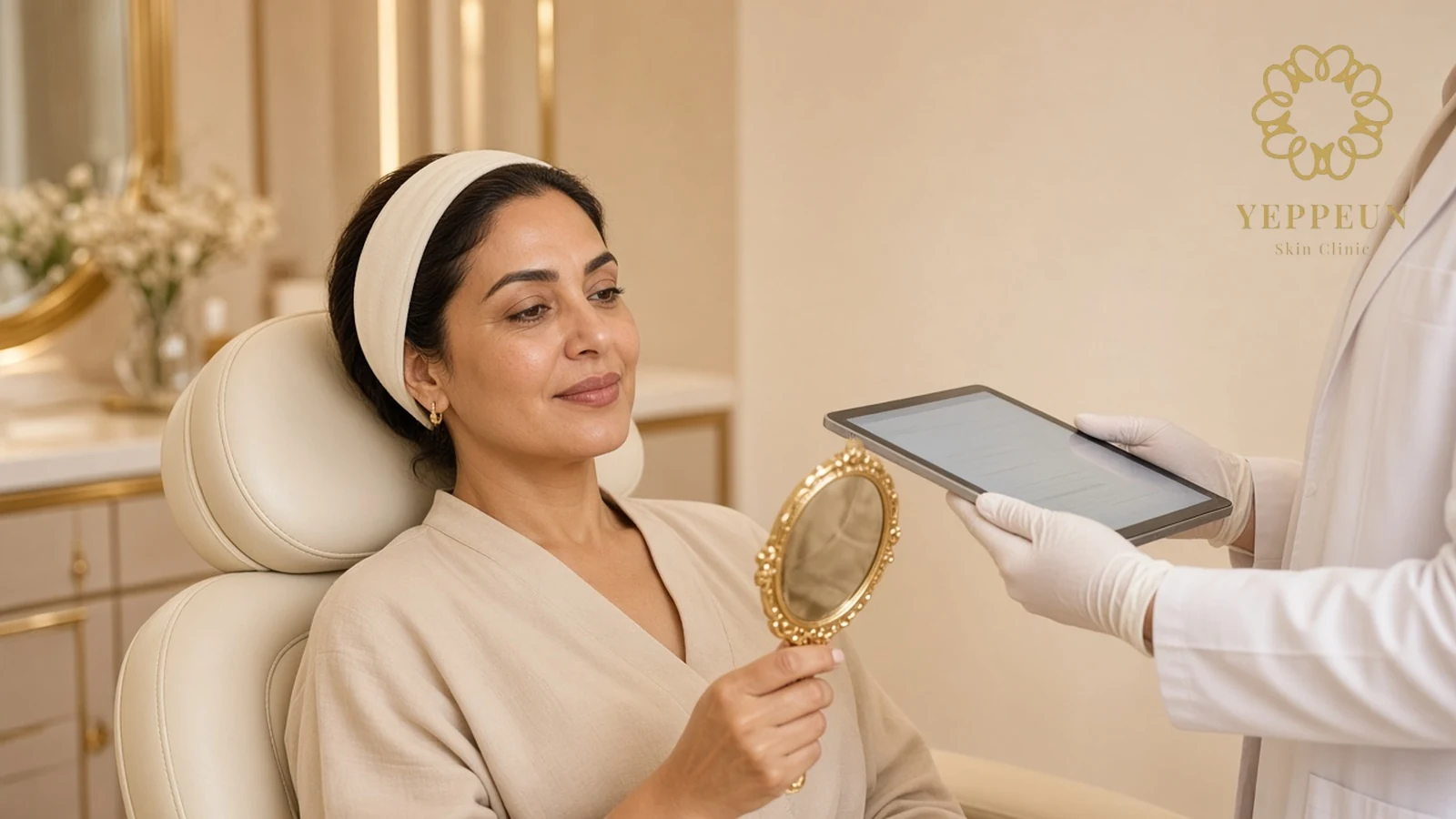 Woman holding a hand mirror in a cream chair as a doctor reviews a tablet at her Allergan BOTOX consultation