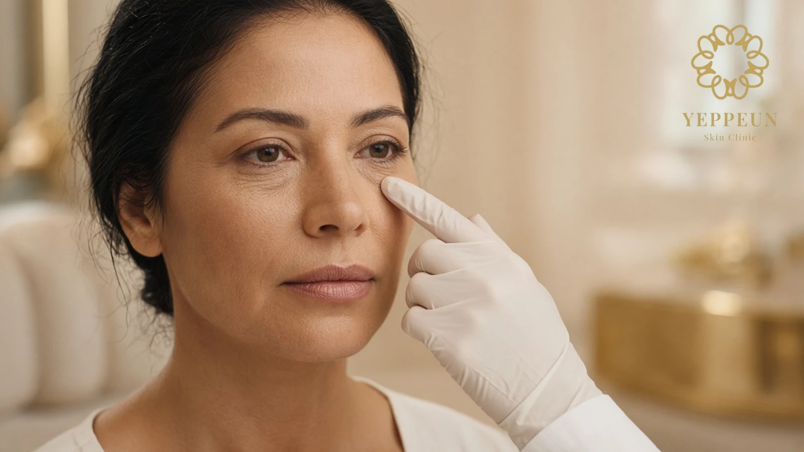 Gloved fingertip gently touches below the eye of a dark-haired woman during a Belotero under-eye check