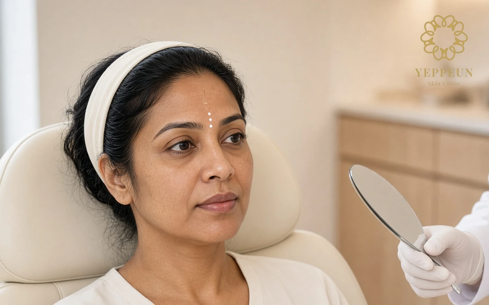 Botox consultation photo of a woman with injection points marked on her forehead - Yeppeun Skin Clinic Dubai