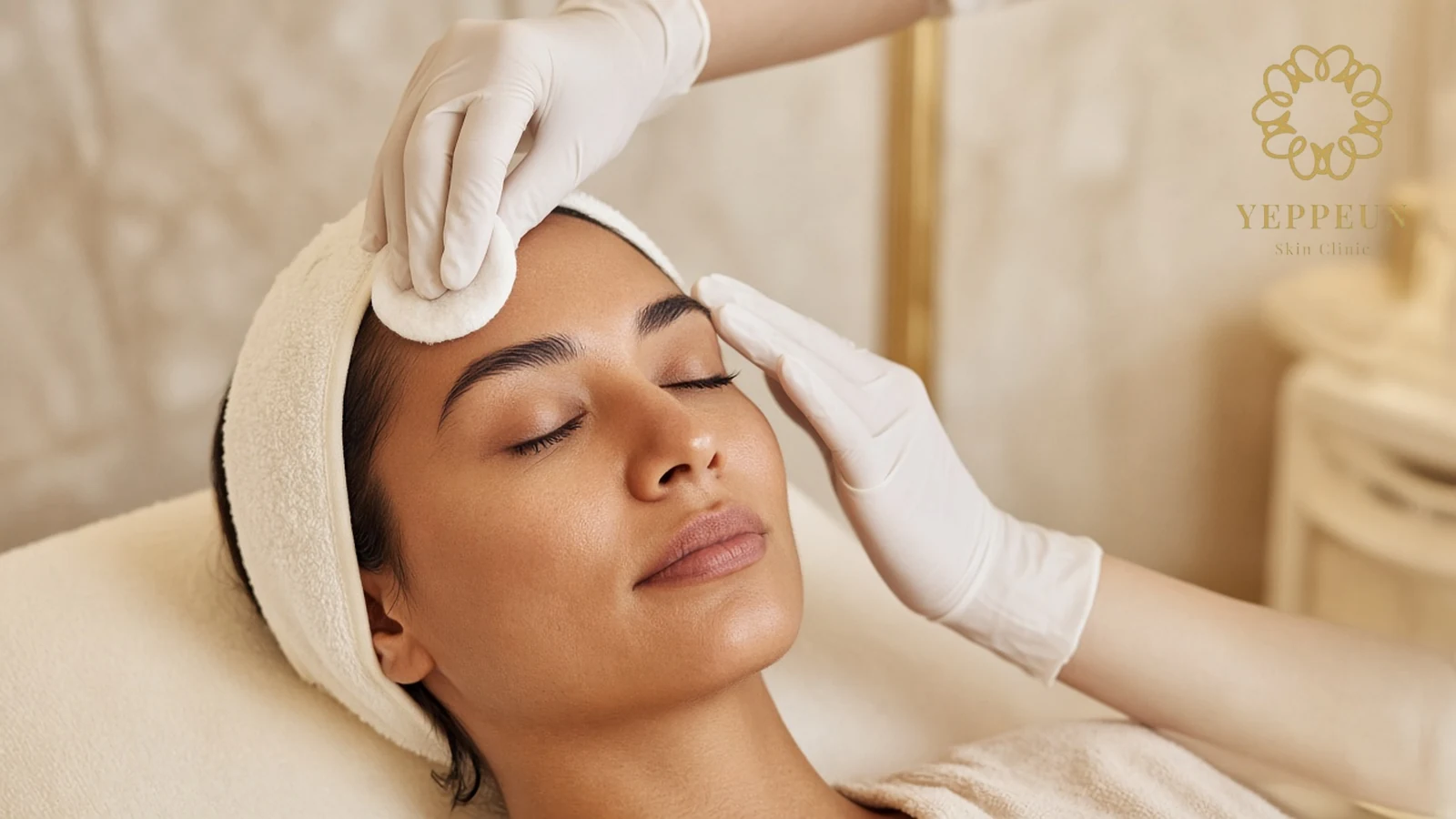 Relaxed woman in a towel headband as gloved hands cleanse her forehead with a cotton pad before Botulax