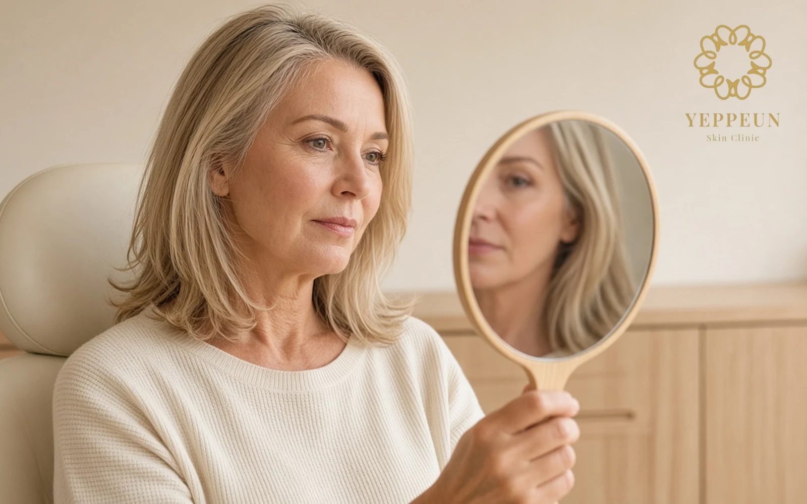 Collagen stimulator consultation photo of a woman checking her face in a hand mirror - Yeppeun Skin Clinic Dubai
