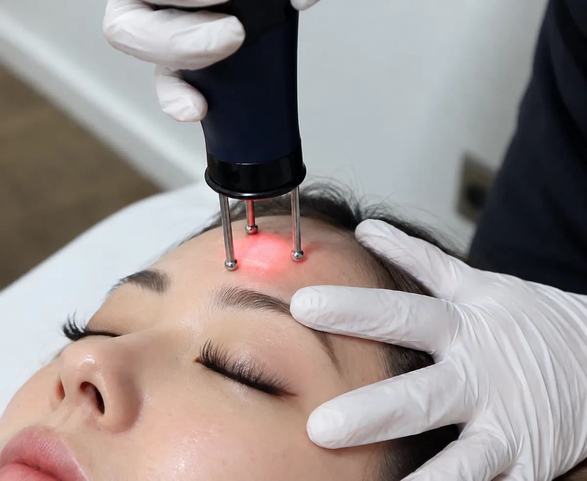 Close-up of a practitioner performing a laser skin treatment on a patient's forehead with a four-prong handpiece and visible red light