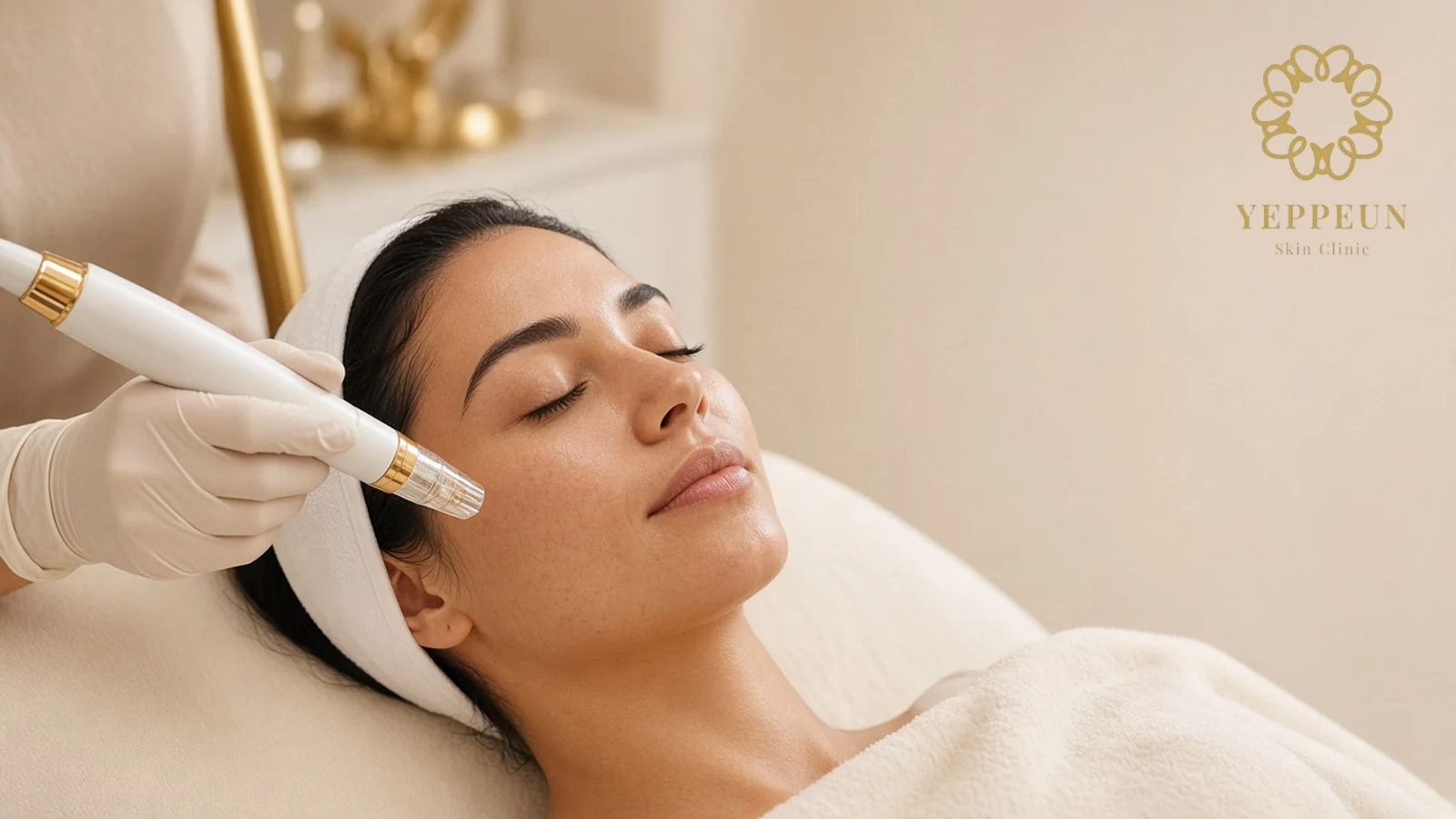 Woman with closed eyes as a gloved hand moves a microneedling pen over her cheek during Exo Healer treatment