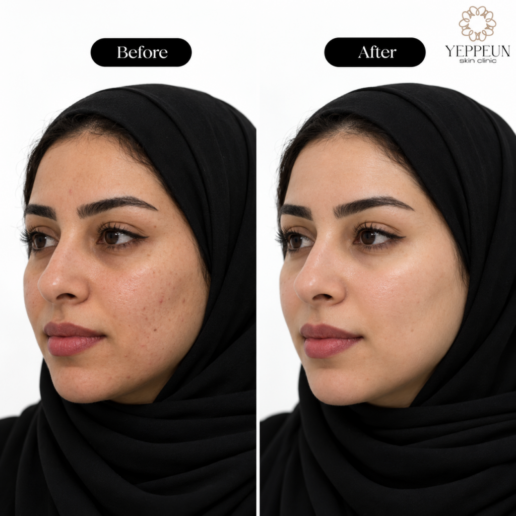 Side-by-side profile photos of a female patient’s cheek, showing redness and breakouts on the left and calmer, smoother-looking skin on the right.