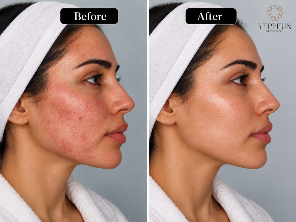 Side-by-side profile photos of a female patient’s cheek, showing redness and breakouts on the left and calmer, smoother-looking skin on the right.