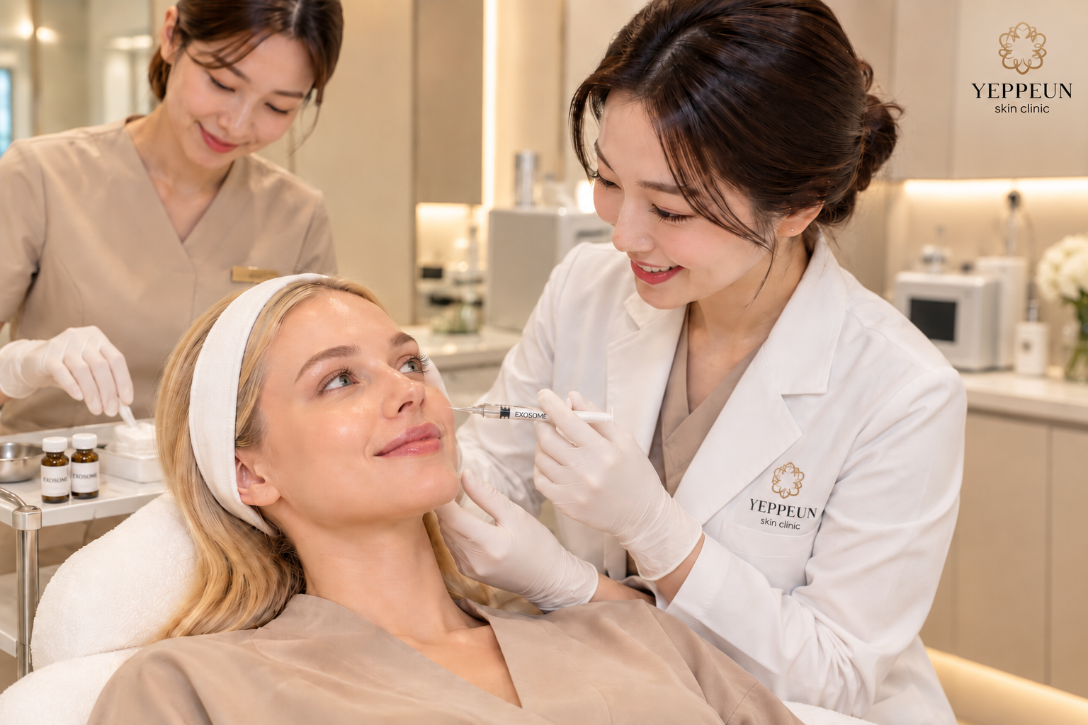 A female patient reclines in a treatment chair as a skin expert gives an exosome injection to her cheek, while a second skin technician prepares exosome vials on a trolley beside them.