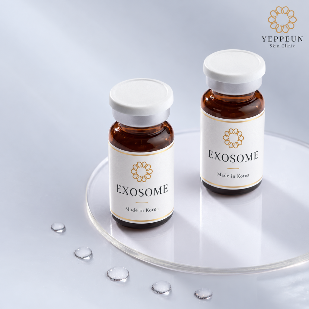 Two amber glass vials labelled “Exosome, Made in Korea” with white caps stand on a clear acrylic disc, surrounded by water droplets on a soft lilac background.