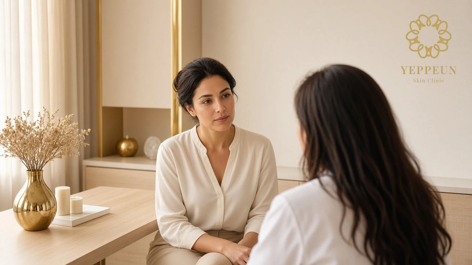 Woman in a cream blouse listens to a doctor in a white coat during a filler dissolving consultation in Dubai