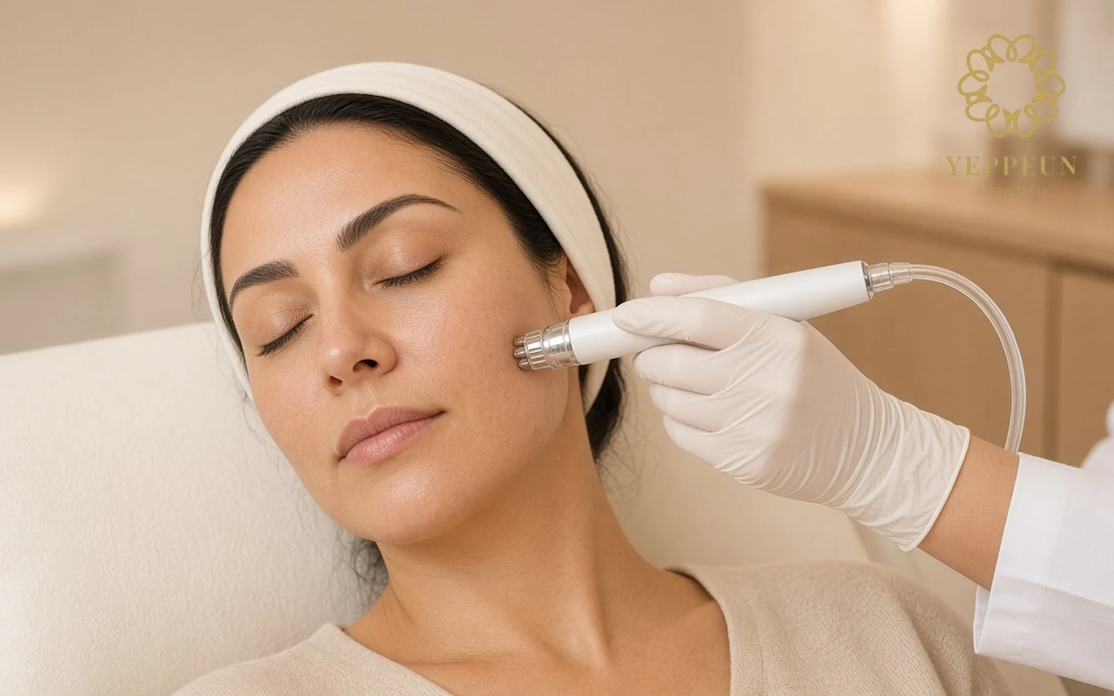 Hycoox injector photo of a skin booster treatment on a woman's cheek - Yeppeun Skin Clinic Dubai