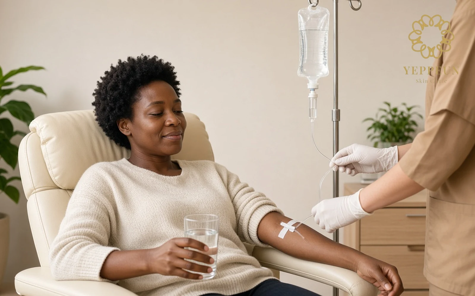 IV drip photo of a woman relaxing in a recliner while a nurse checks the line - Yeppeun Skin Clinic Dubai