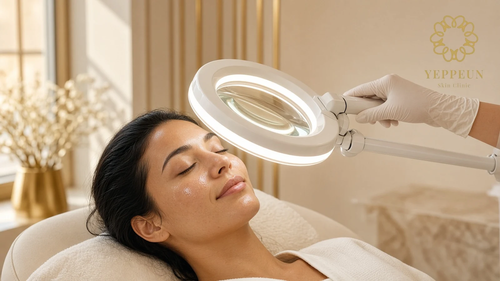 Relaxed woman with closed eyes lies back under a ring magnifying lamp held by a gloved hand