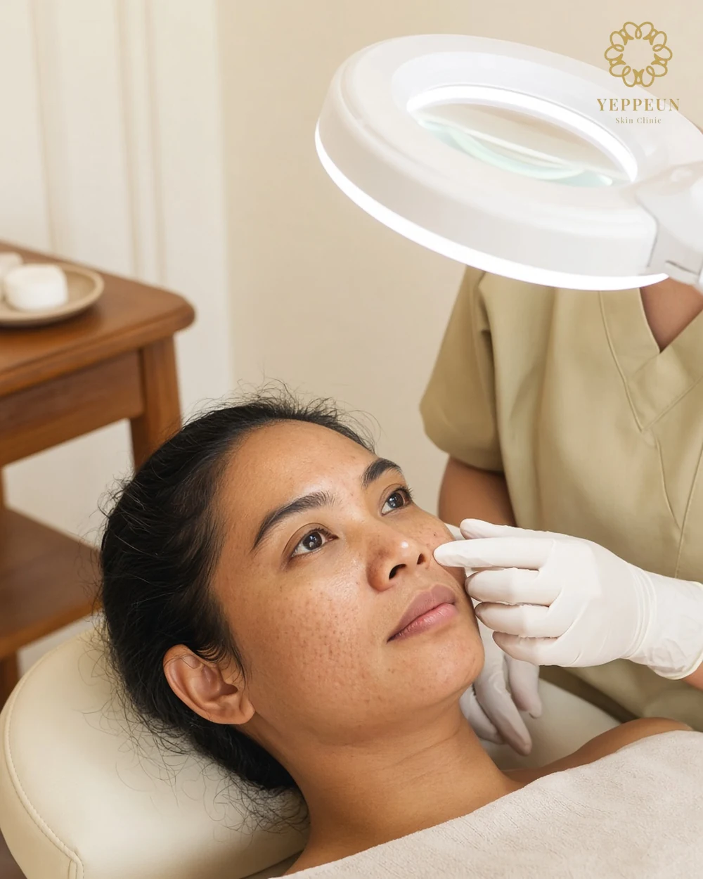 Skin expert checking a woman's skin texture under a magnifying lamp before a peel