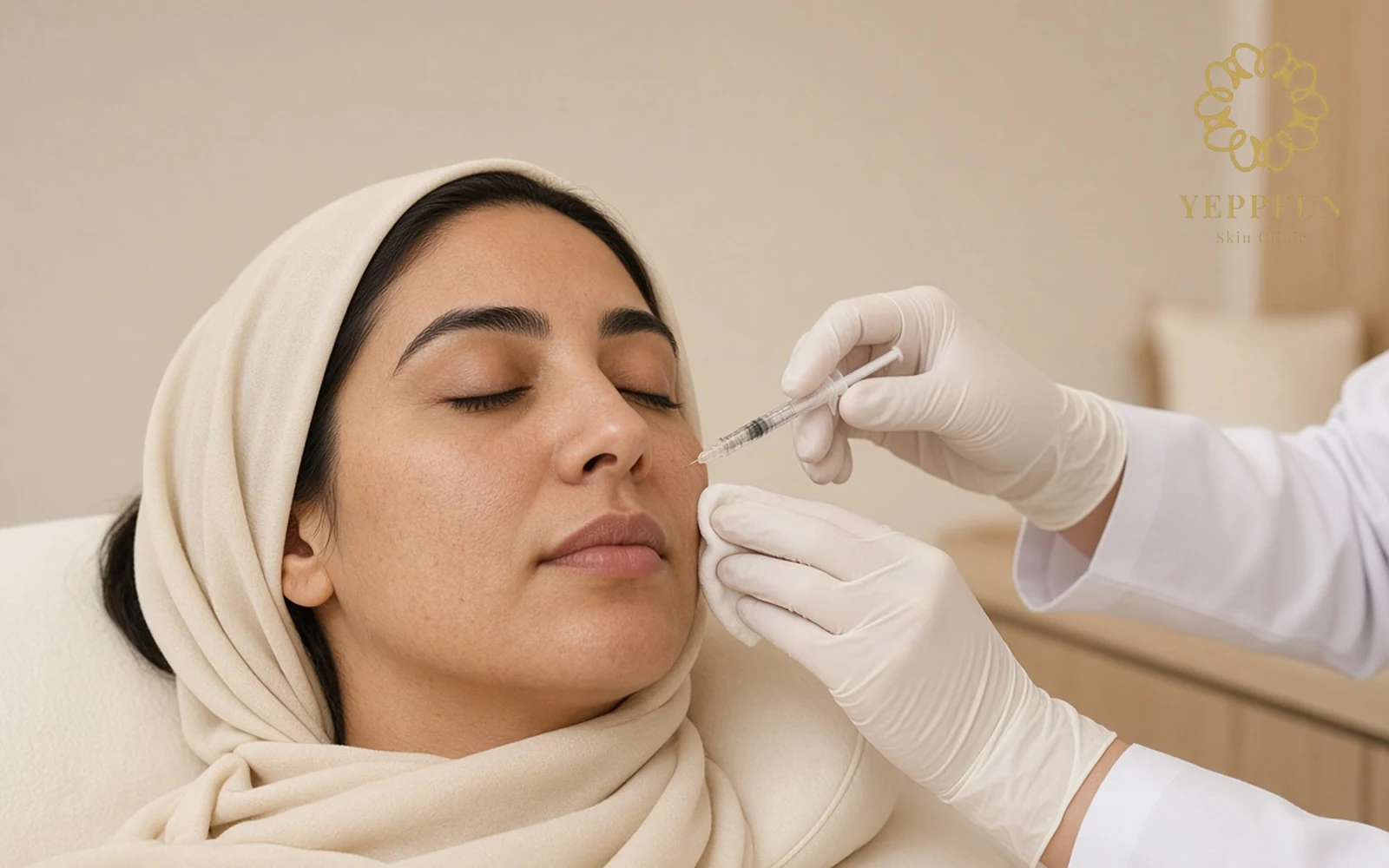 Mesotherapy photo of fine micro-injections on a woman's cheek - Yeppeun Skin Clinic Dubai