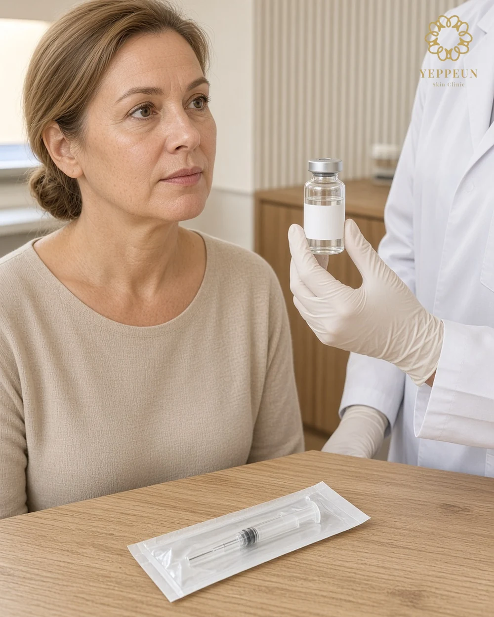 Product check photo of a doctor showing a sealed vial to a woman - Yeppeun Skin Clinic Dubai