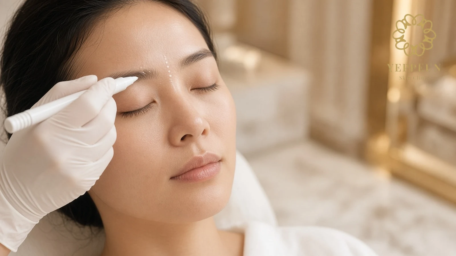Woman with closed eyes as a gloved hand marks small dots between her brows to plan Nabota treatment