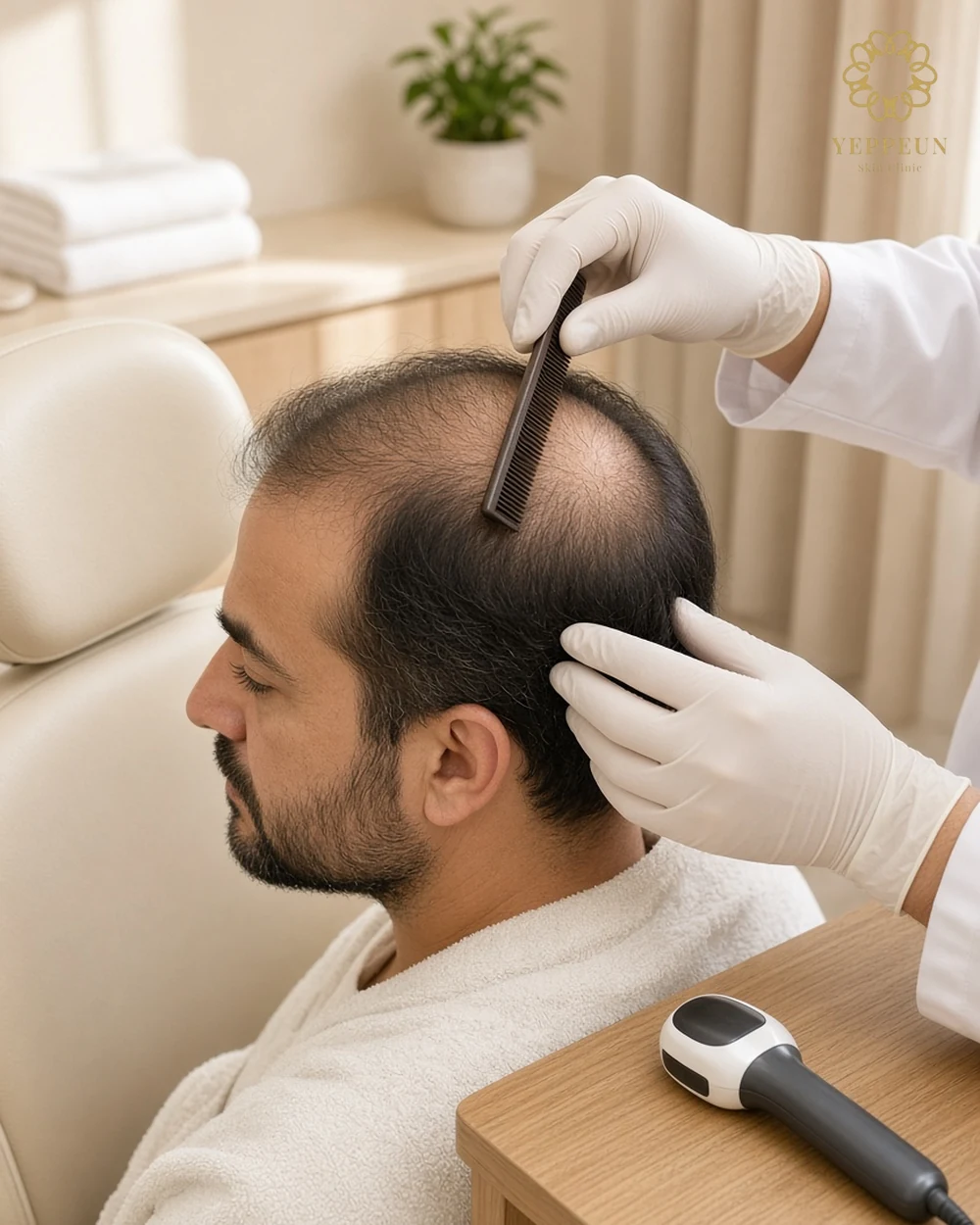 Hair loss check photo of gloved hands parting a man's hair at the crown - Yeppeun Skin Clinic Dubai