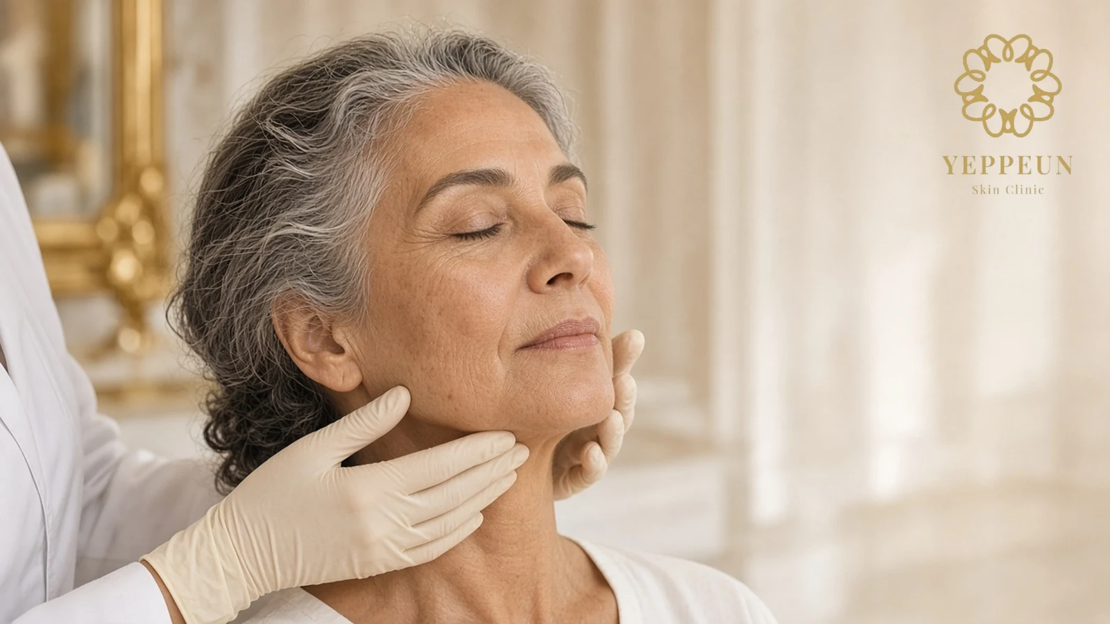 Radiesse jawline assessment at Yeppeun Skin Clinic Dubai, gloved hands along a mature woman's jawline