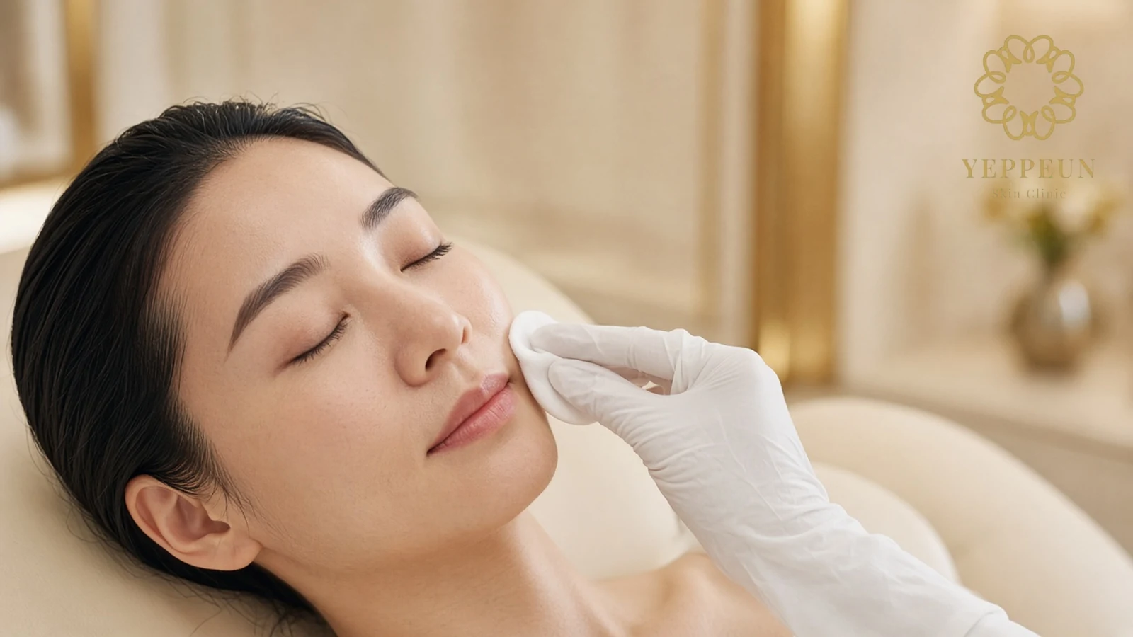 Relaxed woman with closed eyes as a gloved hand wipes her cheek with a cotton pad before REJURAN Healer