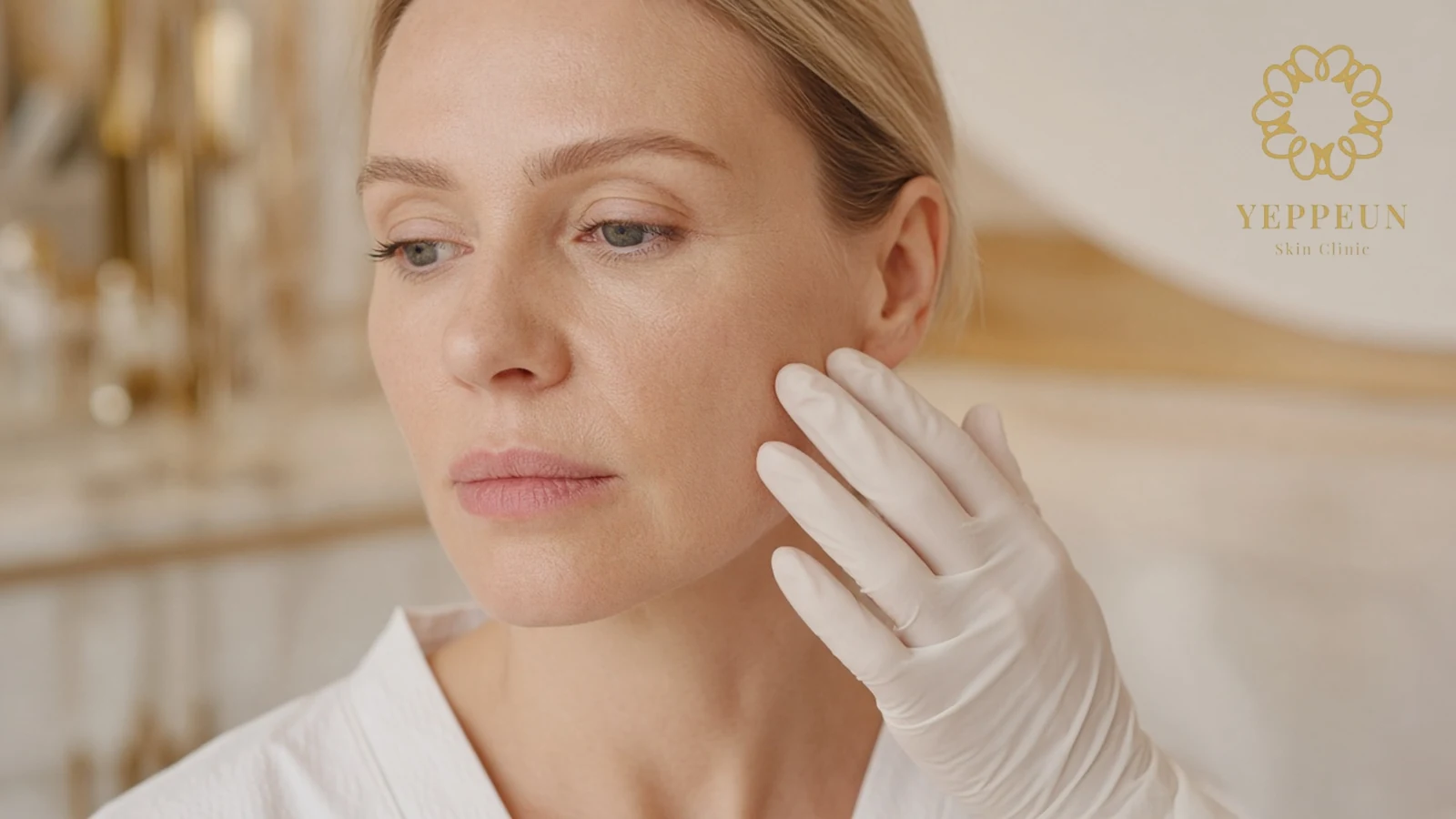 Gloved fingertips rest on the cheekbone of a fair-haired woman during a Restylane cheek assessment in Dubai