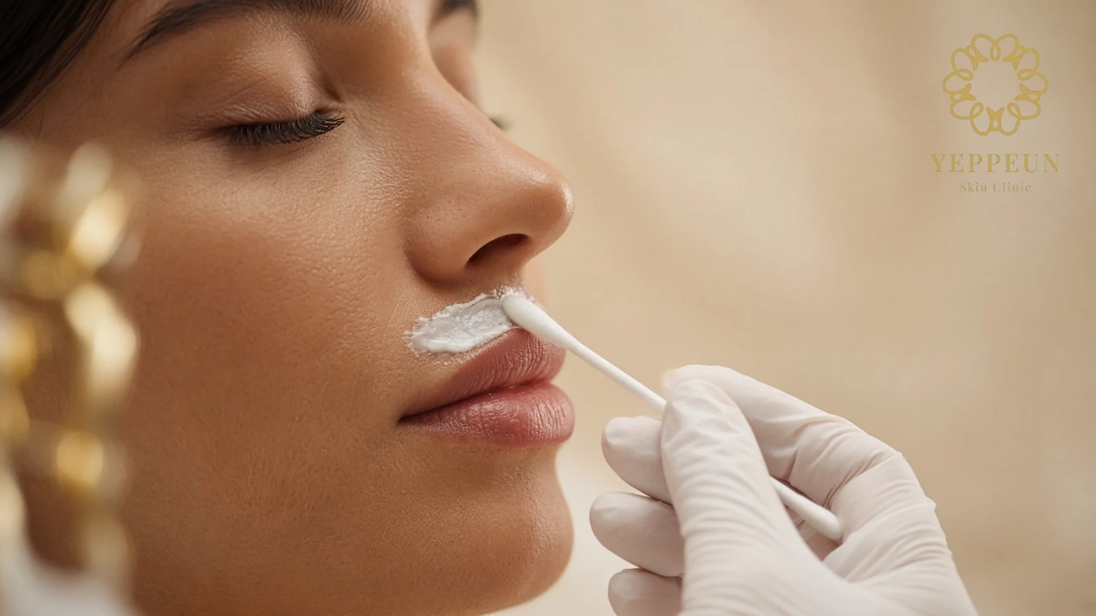 Close-up of a gloved hand applying white numbing cream above a woman's upper lip with a cotton swab