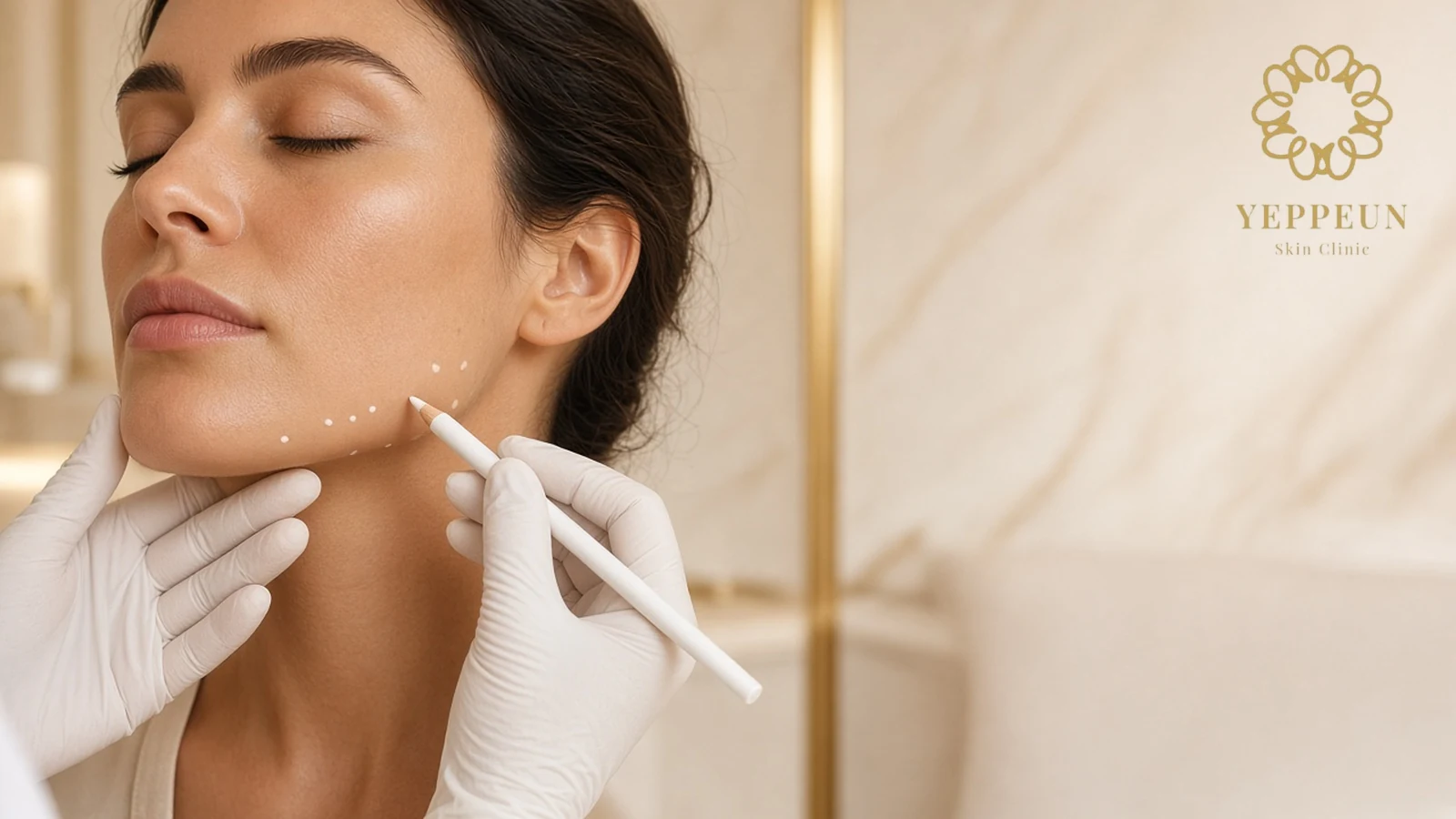 Woman with closed eyes as gloved hands mark small dots along her chin and jaw to plan Revolax filler