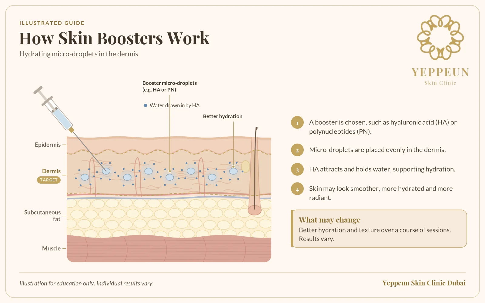 Hydration injection illustration of micro-droplets drawing water into the dermis - Yeppeun Skin Clinic Dubai