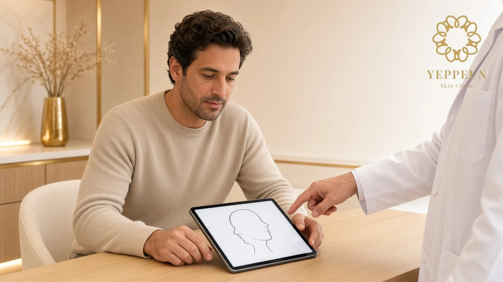 Man at a consultation table looks at a face outline on a tablet as a doctor points to it